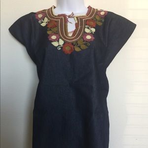 Denim like, embroidered mexican blouse